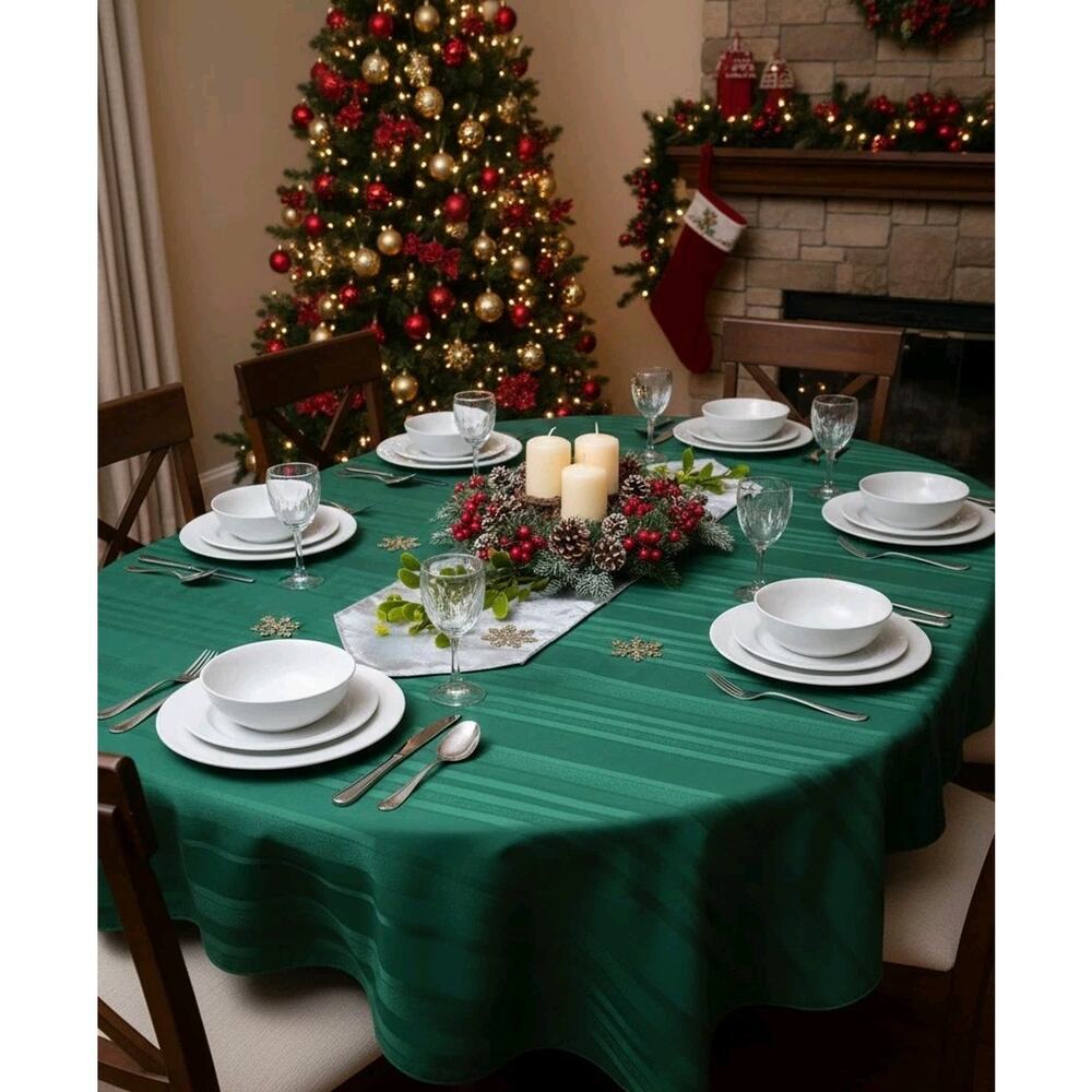 Vtg Green Striped Retro‎ Classic Kitchen Dining Decor Oval Tablecloth 82"x59"